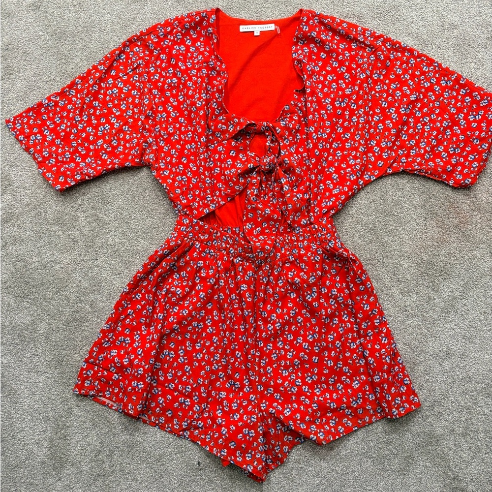 Red Floral Tie-Front Romper